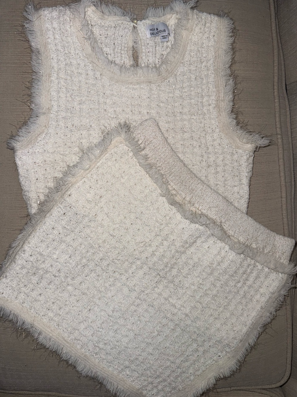 Hot & Delicious Ivory Tweed Fringe Tank & Skirt Set- Brand new(no tags)